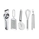 DreamBasket Lemon Squeezer & Cheese Grater & Pizza Cutter & Egg Whisk & Roti Chimta for Kitchen