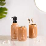 Nestasia Ceramic Bathroom Accessories Set of 3, 1 Soap Dispenser, 1 Segmented Toothbrush Holder & 1 Tumbler, Abstract Human-Face Stoneware Design, Brown