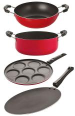 Nirlon 4 pcs of Red, Black 3 Layer Non-stick Aluminium Coated Pots and Pans Cooking Combo Set Standard