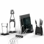 eo - Everyday Organisers Pen Stand Vertical Laptop Holder & Cable Organiser & Set of Coasters Holds 4 Devices Smartphones & Tablet Holder Desk for Office (Modular) (Black)
