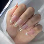 Secret Lives Glossy Reusable Artifical Fake False Press on Nails Light Nude Pink Color with Golden Glitter Design 24 Pieces Set with Kit