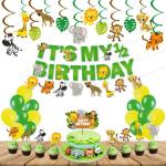 Festiko 59 Pcs Jungle Theme Happy Birthday Banner, Balloons, Cake, Cupcake Toppers, Swirls With Cutouts, Jungle Theme Its My 1, 2 Birthday Combo