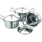 JVL Silver Stainless Steel Cookware And Serveware Essential Utensil Pot Handi Set With Lid 750ml, 1100ml, 1700ml (Pack of 3)