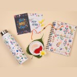 Zinger Rakhi combo set with 1 Rakhi, 2 Flat cards, 1 set Roli and chawal, 1 Quela 3d print stainless steel water bottle, and 1 A5 size hardcover premium Quela notebook