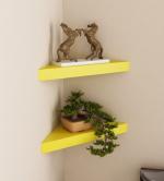 Home Sparkle Yellow Wood Triangular Shaped Corner Wall Shelves (Set of 2) 40X21X5.5 cm
