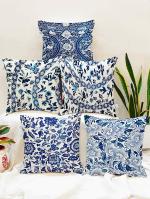STITCHNEST Ethnic Blue Printed Cotton Canvas Rectangular Cushion Cover Set of 2 Combo, ( 12 x 18 Inches )
