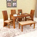 Kendalwood Furniture Sheesham Wood Dining Table with 4 Chairs with 1 Bench| 6 Seater Dining Set- Dining Room Furniture | Honey Finish with Cream Cushions