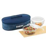 Borosil Indigo Blue Borosilicate Glass Lunch Box Set of 2 (400 ml Each) With Lunch Bag, Square, Lunchbox For Office & College, Microwave Safe, Leak Proof, Horizontal