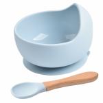 Ceplo Silicone Unbreakable Bowl & Wood Handle Spoon for Baby Feeding, Suction Design for Toddler, Non-Slip, Non-Toxic, BPA Free, Dishwasher and Microwave Safe 1 Set (blue)