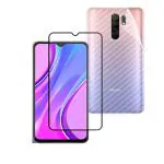 redmi 9 prime (2n1) combo pack full tempered glass + back screen protector by tel, ultra clear, 3d carbon fiber ultra-thin, & full glue tempered + back cover mobile screen protector edge to edge full screen coverage transparent