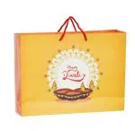 PPJ - HAPPY DIWALI (3 DIYAS ORRANGE) - PAPER CARRY BAG, 16 Inch X 12 Inch X 4 Inch for DIWALI RETURN GIFTS (Pack of 10))