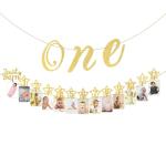 Festiko 1st Birthday Photo Banner With High Chair Glitter One Decoration, Monthly Milestone Baby Boy Girl Photo Bunting For Newborn 1, 12 Months First Birthday Decor Set