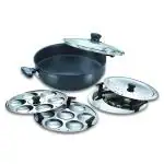 Prestige Hard Anodised Induction Base Multi-Kadai with Glass Lid (Dhokla Plate, Patra Plate, Idli Plates), 28cm (Black)