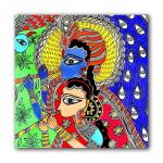 Tamatina Multicolor Madhubani Krishna In Vrindavan Radha Krishna Art Canvas Painting - 36X36 Inch