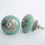 CASADECOR Cyan Filigree Work Ceramic and Metal Knobs for Kitchen Cabinet Drawer (pack of 6)