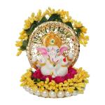 eCraftIndia Embossed Metal Lord Ganesha on Handcrafted Yellow Floral Plate for Car 11 cm x 12 cm