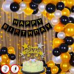 Party Propz Black Paper Birthday Paper Banner Metallic Confetti Balloons With Cake Topper And Glue Dot (Set Of 55)
