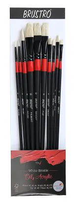 Brustro Black White Artists White Bristle Set Of 10 Brushes For Oil And Acrylic