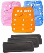 Mom's Pride Multicolor Polyurethane Laminate Reusable Solid Pocket Cloth Diapers With Black Inserts (Pack Of 3)