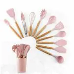 SARVANGAH Wooden Handles Silicone Cooking Utensil Set, Non-Stick Silicone Cooking Kitchen Utensils Spatula Set with Holder Spoon Kitchen Gadgets Tools for Nonstick Cookware (Pink - 12 pcs Set)