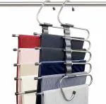 JIGSHTIAL 5 in 1 Stainless Steel Foldable Hangers for Clothes Hanging Multi-Layer Multi-Purpose Pant Foldable Hangers for Wardrobe Clothes Multipurpose Hanger Organizer (Pack of 2)