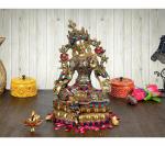 Idol Collections Multicolor Brass Large Tara Devi Statue Tibetan Goddess Religious, 14 Inch