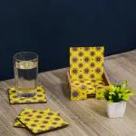 Ambbi Collections Yellow Wood Tea, Coffee Coasters With Stand 10*10 cm - Pack of 6