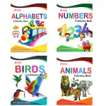 Exello Pack of 4 colouring books for kids, Drawing and colouring- Alphabets, Numbers, Animals, Birds