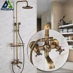 SANIKART Antique Wall Bath Shower Set 8-inch Shower Head, Storage Basket Shelf, Hand Shower Mixer