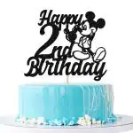 Festiko Black Glitter Happy 2nd Birthday Cake Topper, Mickey 2nd Birthday Cake Topper, Two Year Old Mickey Mouse Theme Party Decoration Supplies