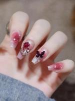 Secret Lives Premium Reusable Artifical Press on Nails Redish Wine Color with Flower, Butterfly and Stud Design Fake False 24 pieces Set with Kit