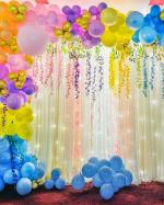 SPECIALYOU.IN Pack of 126 Items Pastel Theme Decoration Items includes Pastel Pink, Blue, Peach, Purple, Yellow & Golden Chrome Balloons with Ivory Curtains, Light, Pink, Purple, Blue & Yellow Wisteria