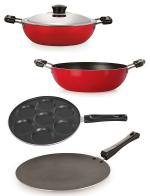 Nirlon 4 pcs of Red, Black Gas Compatible Pot and Pans Cookware Combo Set Standard