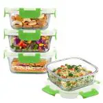 Cutting EDGE Borosilicate Glass Container with Lid Square Glass Container Microwave Safe for Kitchen (Green, 320ml, Set of 4) (CE_SGC_Set4_Green)