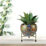 CINAGRO Metal Flower Vase Planter Pot with Iron Stand, Pots for Plants, Plant Pots for Home Decoration, Succulent Pot, Indoor Planter Balcony Garden Decor (Size: 6X6 inch) Style: Mandala Fusion Vivid