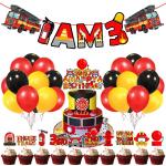 Zyozique 37 Pcs Fireman 3rd Birthday Combo, Firefighter Theme Selfie Props, Fire Truck 3rd Birthday Party Supplies, Fire Fighter Photography Backdrop Decorations,Banner,Cake Topper,Cup Cake Topper,Balloon