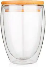Ramkuwar Double Layer Wall Clear Borosilicate Glass Tea Glasses Cup With Bamboo Lid Set (350ml)