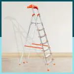 Houza 7 Step Foldable Aluminium Ladder for Home with Tool Tray | Ladder with Anti-Slip Shoes | Slip Prevention Steps | Durable, Heavy Duty, Safe, and Stylish | Made in India (Orange)