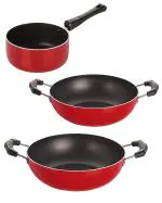 Nirlon Bakelite, Aluminium Red, Black Special Non-Stick Kitchen Vessel Cooking Pan And Pot Cookware Set - 2.6Mm_Kd12_Kd14_Spb (Pack Of 3)