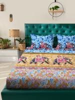 LiveWell Jaipuri Traditional Sanganeri Print 110 TC Poly Cotton Double Size Bedsheet with 2 Pillow Covers -(215*220 Cm)-Elephant Print
