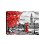 SHASWAT ART Street of London Artwork Big Ben Man and Woman Under an red Umbrella Canvas Painting with Wooden Box Frame for Living Room, Bed Room, Office, Hotels (46cm x 61cm)