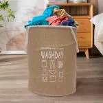 Kuber Industries Laundry Basket | Round Foldable Laundry Basket | Jute Storage Bag with Button Handles | Clothes Basket for Home | Toy Storage Basket | 45 LTR | Beige