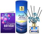 The Aroma Factory Happy Birthday Greeting Card & Fragrance Reed Diffuser Gift Set, Fresh Active (1 Box + 1 Card)