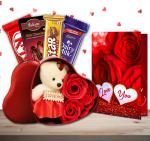 Midiron Beautiful Romantic Gift Hamper For Love One/Wife/Girlfriend |Birthday, Anniversary Gifts For Lover With Chocolate Bars, Red Heart Shape Tin Box with Small Teddy & Love Greeting Card