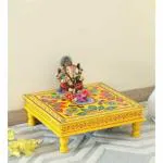SA Handicraft Handmade Wooden Chowki| Floral Painting Decorative Bajot for Sitting Pooja Temple Yellow Color (Size 15 x 15)