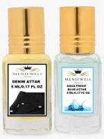 Menjewell Combo Pack of 2PCs Attar(Denim 5Ml,Aqua Fresh Blue 5Ml) 10ML Attar Perfume (Floral, Fresh)