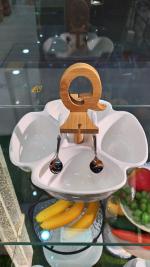 LORDS CREATION Porcelain platter Chips & Dips, Dry Fruits Serving Platter with Wooden Stand Serving for Guests,Bowls with Stainless steel spoons with porcelain head - 4 PARTITION & 2 SPOON