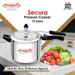 Sunblaze Secura Non Induction Base Anti-Bulging Fuel Efficient Base Best Aluminium Heavy Pressure Cooker with Inner Lid Big Size Silver 15 Litre ISI Approved 5 Years Warranty Free Home Service