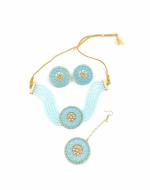 Bella Store Women Sky Blue Brass Handmade Kundan Choker with Mangtika and Earrings