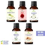 Homeda Aroma Diffuser Oil for Home Fragrance (Lemon Grass, Rose, Jasmine, Sandalwood, Mogra Essential Oil), Aroma Oil, Defuser Humidifier Oil, 30ml Each - Set of 5